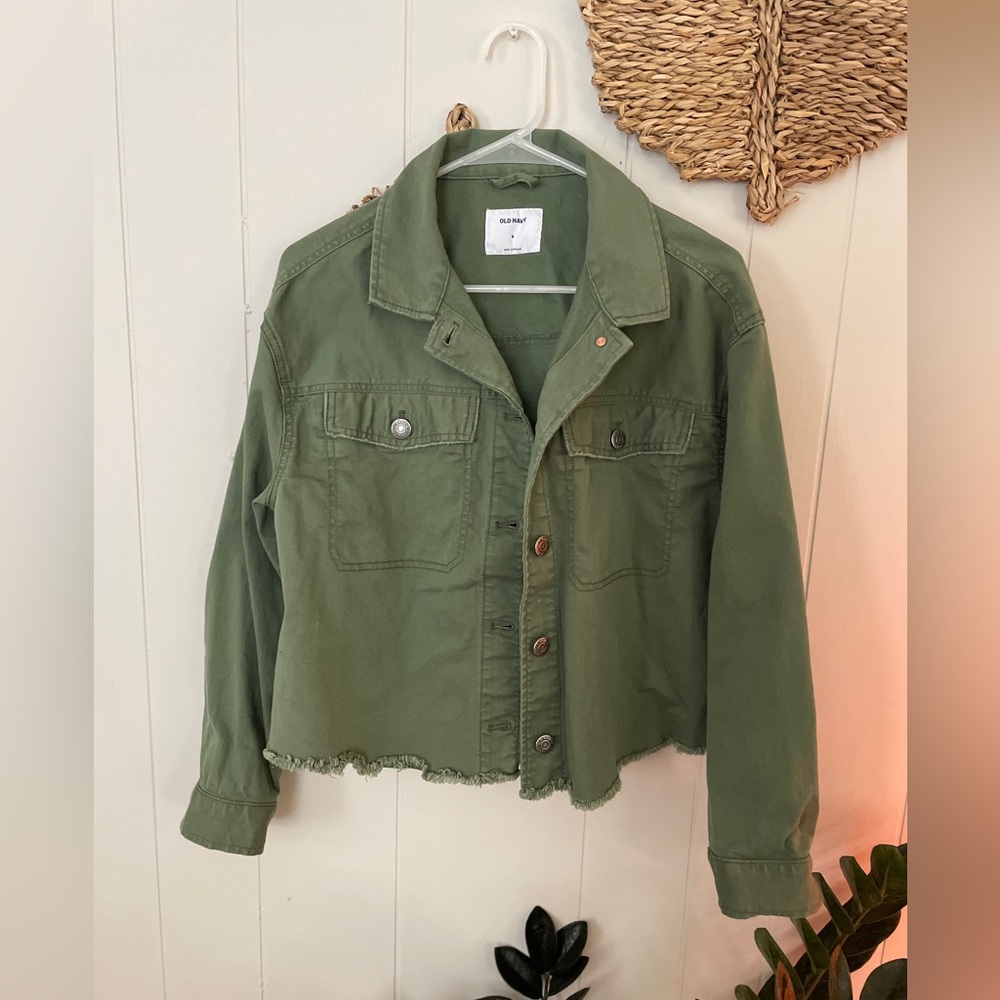Old Navy Cropped Twill Cut-Off Olive Green Jacket for Women